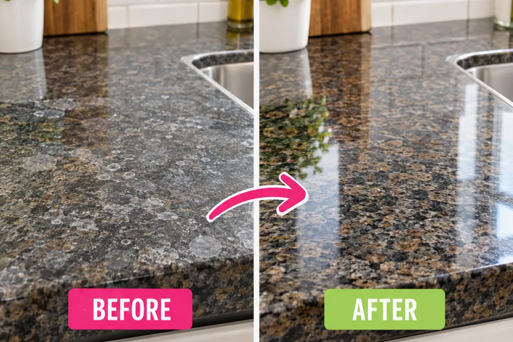 How to Clean Kitchen Granite Countertops - Before and after kitchen granite countertops showing a naturally clean, fresh, and polished surface.