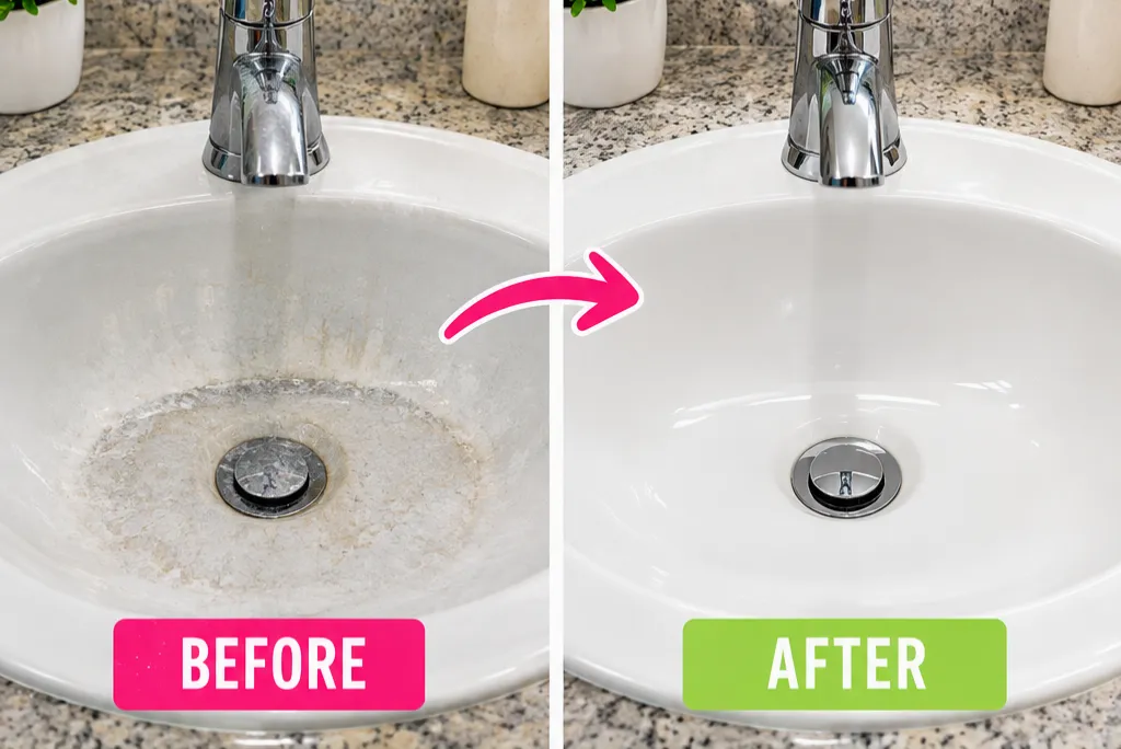 How to Remove Hard Water Stains From a Bathroom Sink – before and after showing a stained sink transformed into a clean, spotless surface