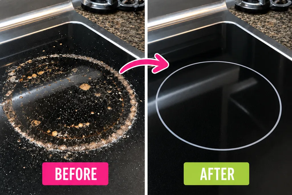 How to Clean a Glass Stove top - Before and after cleaning a glass stovetop without scratching it