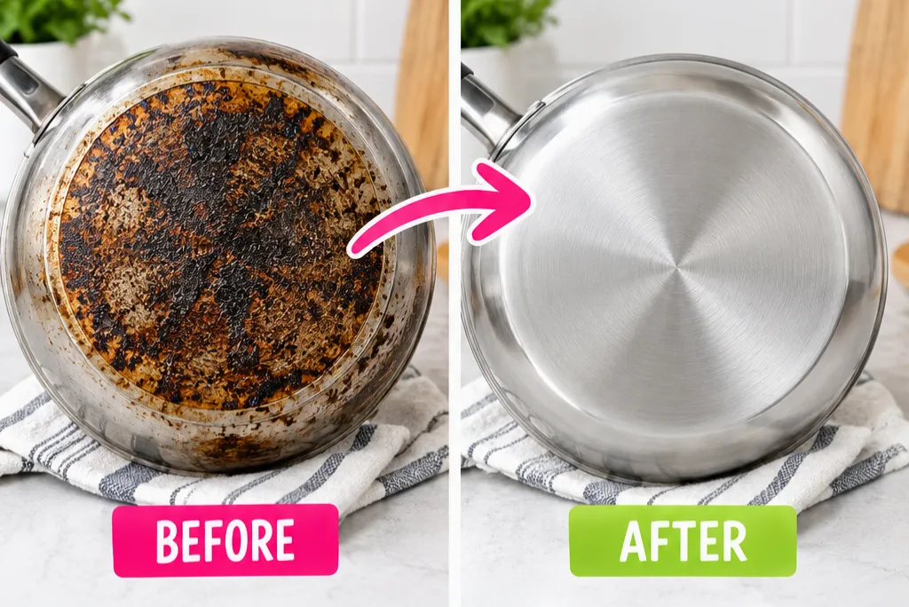 How to Remove Burnt on Grease From the Bottom of a Pan – before and after showing a heavily burned, greasy pan bottom transformed into a clean, shiny surface