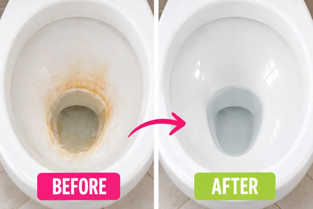 Before-and-after toilet cleaning showing hard water stains and mineral buildup around the lower bowl before cleaning, followed by a clean, bright toilet bowl after removal.