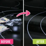 Before and after of a glass stove top with melted plastic removed, leaving the surface clean and clear
