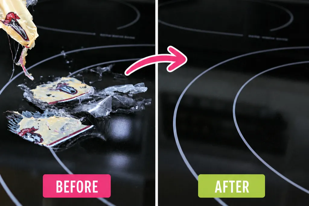 Before and after of a glass stove top with melted plastic removed, leaving the surface clean and clear