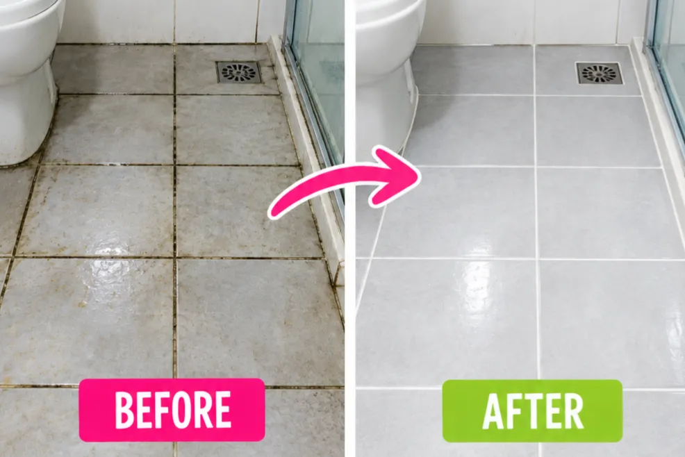How to Clean Bathroom Floor Tiles – before and after showing dirty, stained bathroom tiles transformed into clean, bright floor tiles