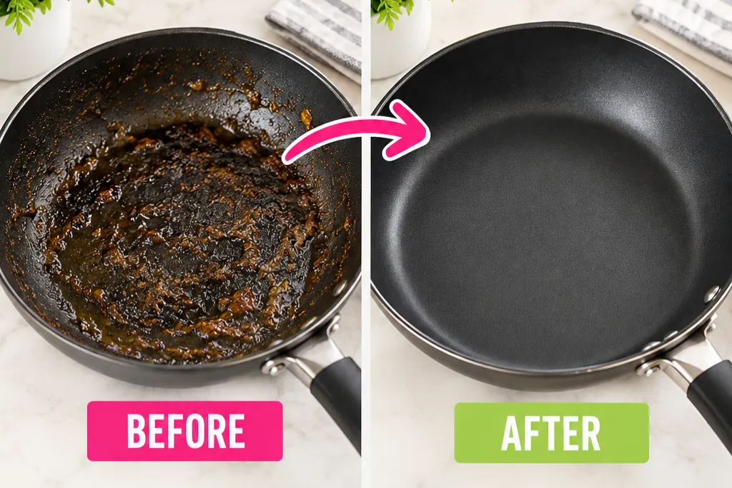 How to Remove Burnt on Grease From a Non Stick Pan - Before and after non-stick pan showing burnt-on grease removed, leaving the pan clean and smooth.