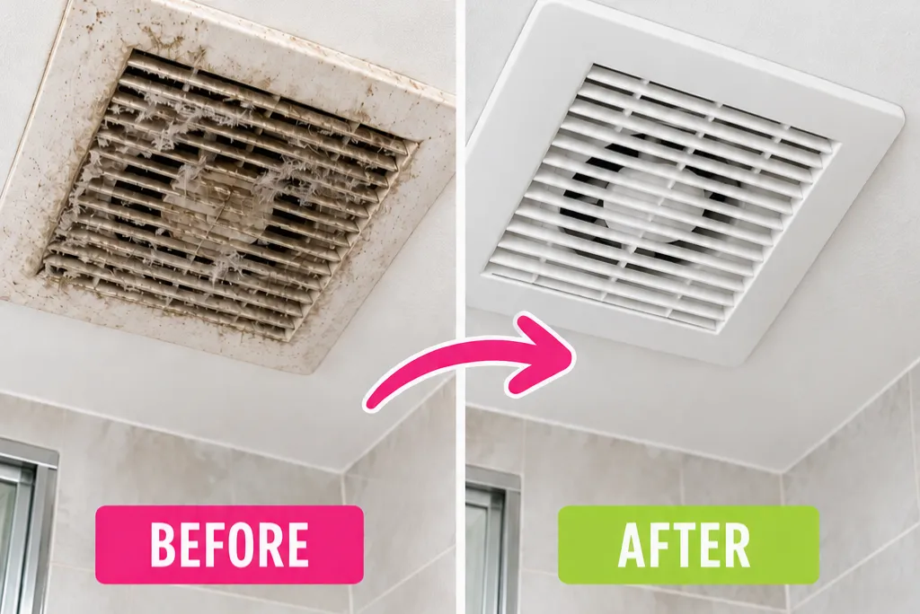 How to Clean a Bathroom Exhaust Fan – before and after showing a dirty, dusty exhaust vent cleaned and restored