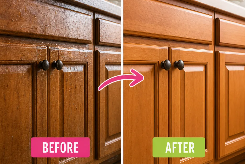 How to Clean Greasy Wooden Kitchen Cabinets - Before and after of greasy wooden kitchen cabinets, showing how they look after cleaning.