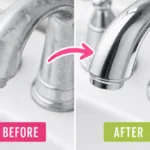 Before and after of a bathroom faucet showing hard water stains removed, leaving a clean, shiny chrome finish