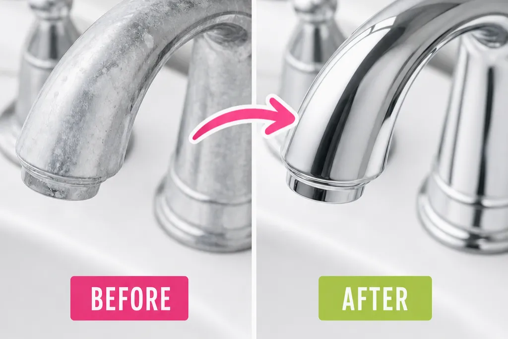 Before and after of a bathroom faucet showing hard water stains removed, leaving a clean, shiny chrome finish
