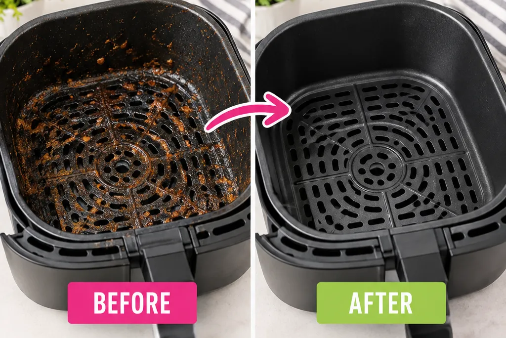 How to Remove Burnt on Grease From an Air Fryer – before and after showing a heavily grease-covered air fryer basket cleaned to a spotless, fresh-looking surface