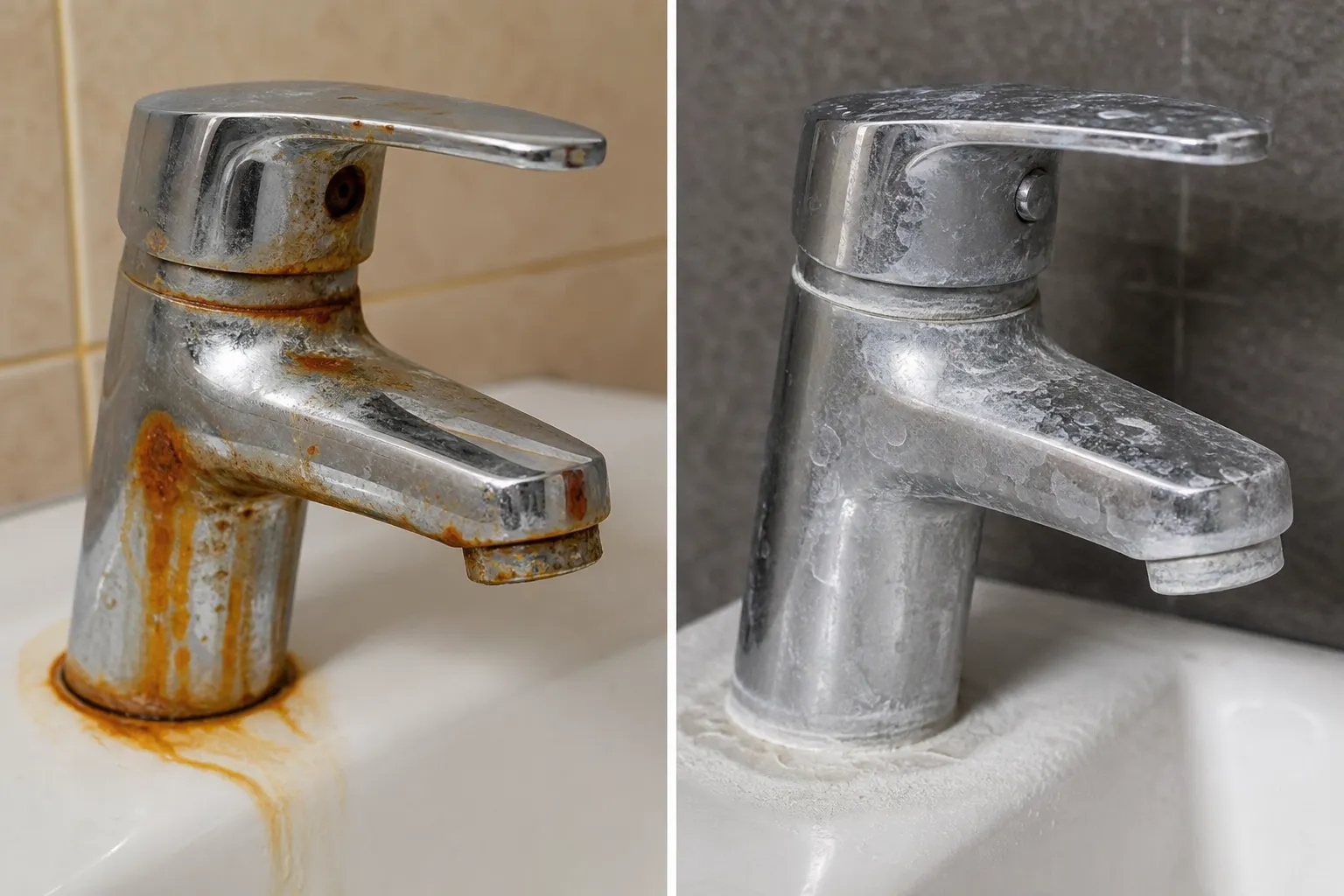Side by side comparison of rust stains vs hard water buildup on a bathroom faucet