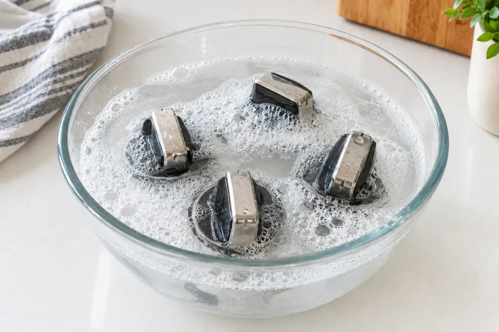 Removable stove knobs soaking in warm soapy water to loosen stubborn grease and grime