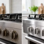 Before and after showing how to clean greasy stove knobs, transforming dirty, greasy knobs into a clean and shiny finish.