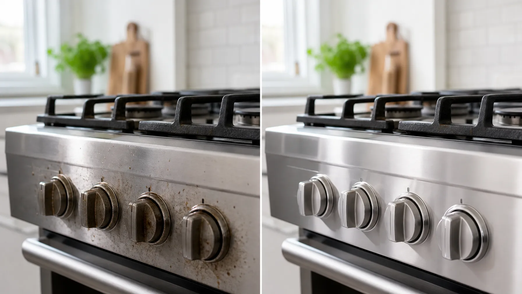 Before and after showing how to clean greasy stove knobs, transforming dirty, greasy knobs into a clean and shiny finish.