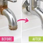 Before and after showing how to remove rust stains from faucets, transforming a rust-covered faucet into a clean, shiny finish.