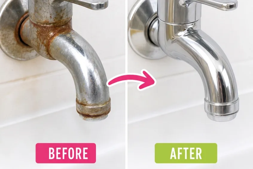 Before and after showing how to remove rust stains from faucets, transforming a rust-covered faucet into a clean, shiny finish.